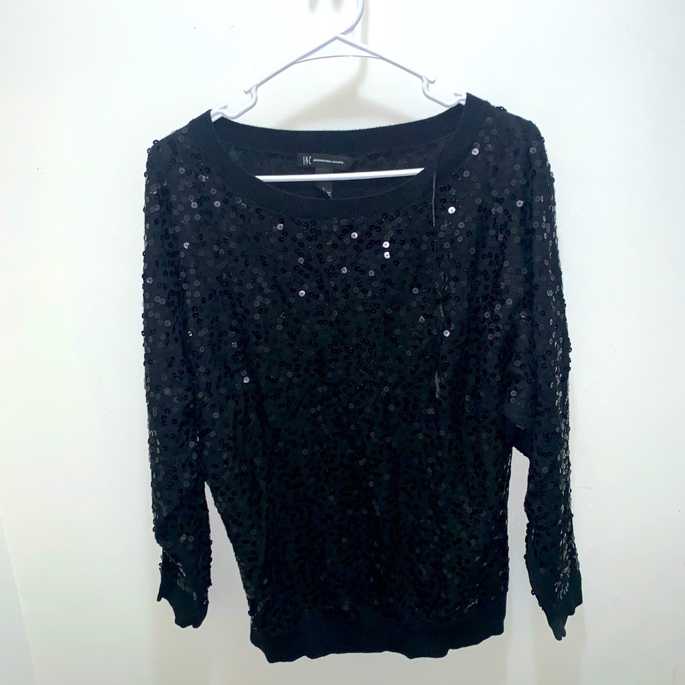INC International Concepts Black Sequin Sweater Sz L